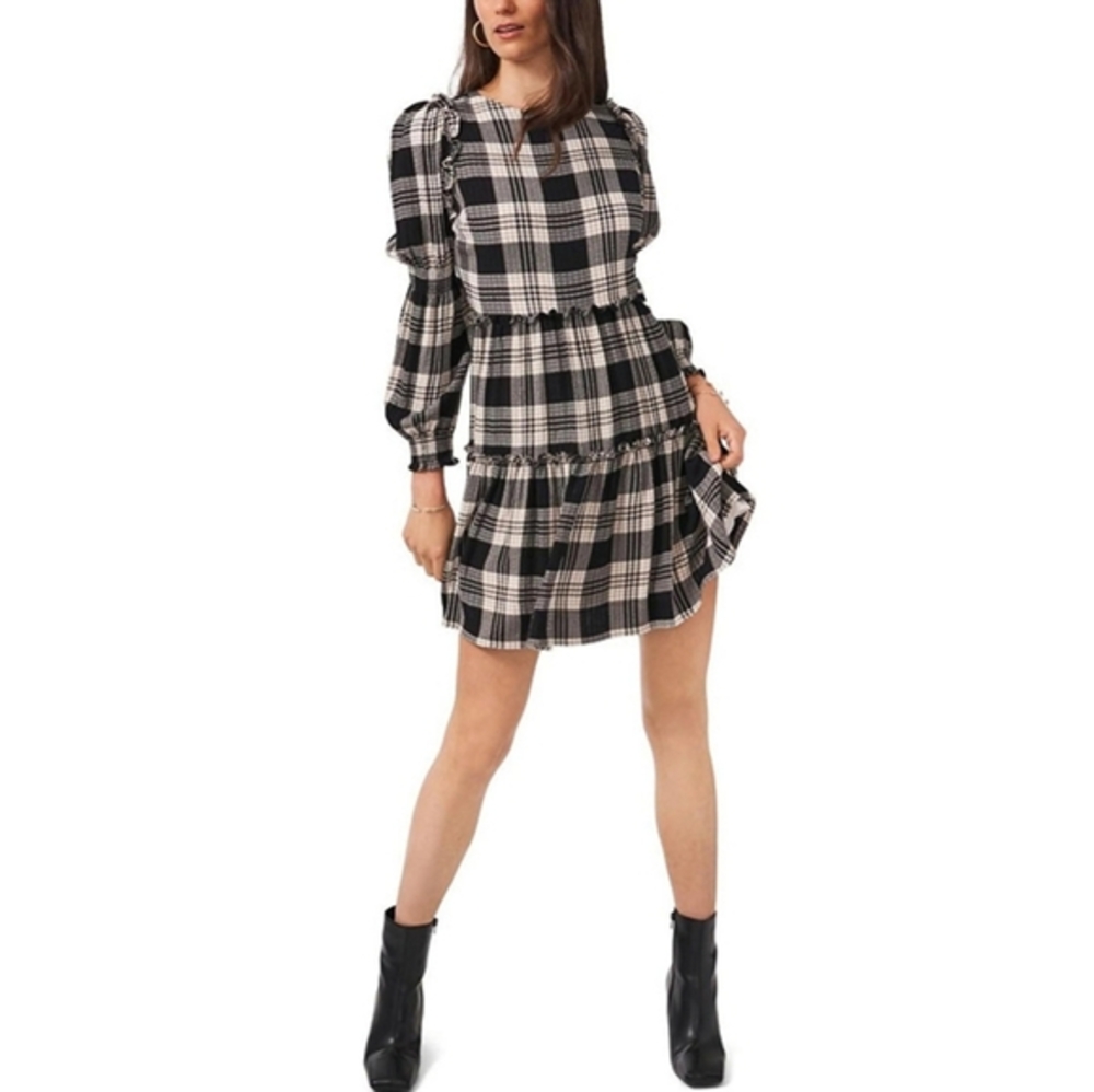 1.STATE Smock‎ Detail Plaid Long Sleeve Mini black white dress Size L Large